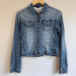 Y2K blue denim jacket Angels branded with button-up‎ closure Size Medium